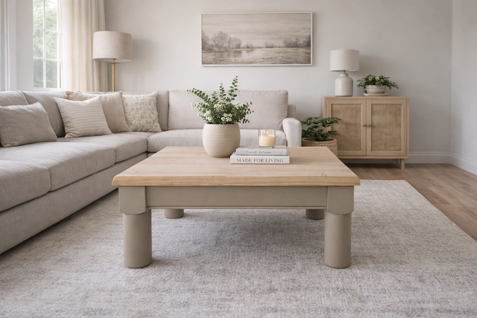 A cozy living room with a beige sectional sofa, a light-colored wooden coffee table, and a cabinet with a white lamp and potted plants. There is a large window with white curtains, a neutral-toned rug, and wall art depicting a peaceful landscape.