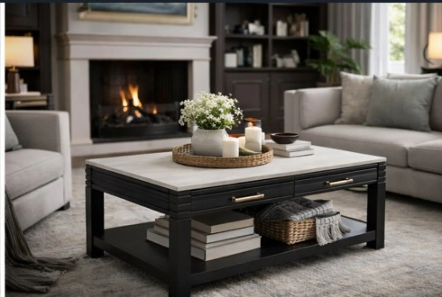 A modern living room with a fireplace, beige sofas, and a black coffee table adorned with candles, a flower vase, and books.