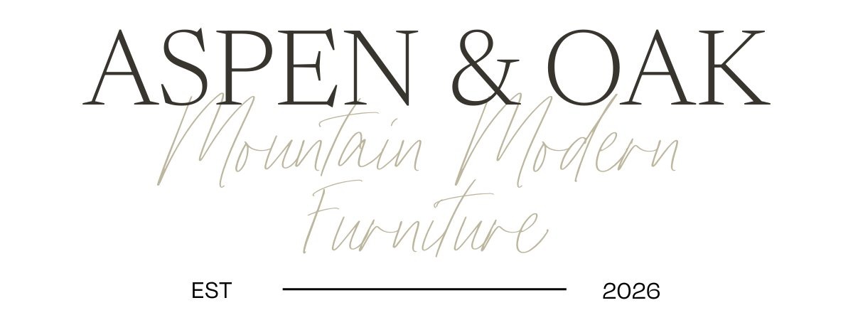 Text graphic reading 'Aspen & Oak Mountain Modern Furniture' in stylish black and gray fonts.
