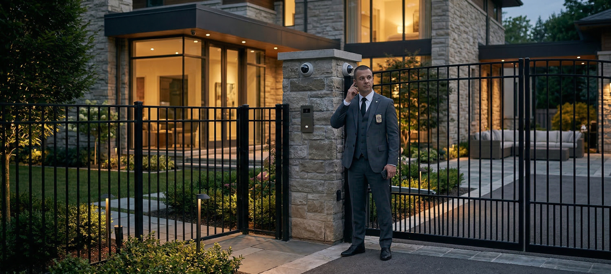 A security guard in a gray suit and black tie standing outside a modern house with a closed black metal gate, talking on a cellphone, during evening time.