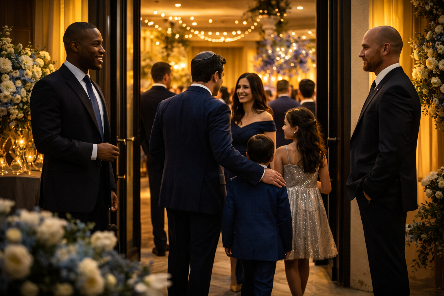 People in formal attire greeting each other at an elegant indoor event, with decorated flowers and warm lighting.
