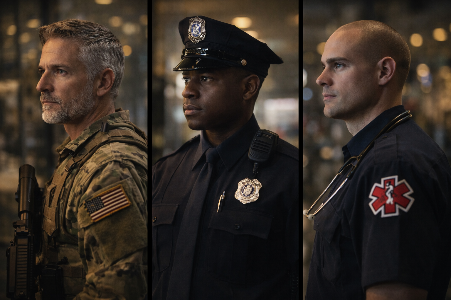 Side profile of three men in uniform representing different emergency and military services, standing in a row in a dimly lit indoor setting.