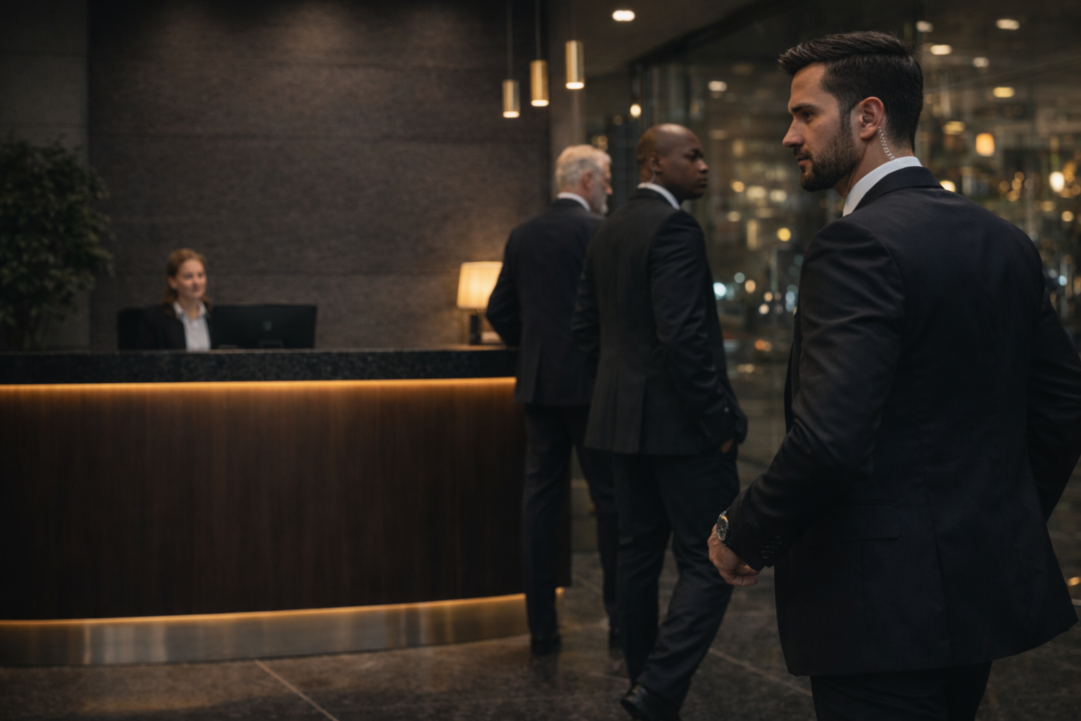 Smartly dressed men standing in line at a hotel reception desk in the evening, with a receptionist seated behind the desk.