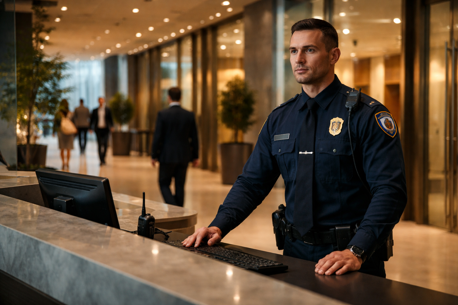A police officer standing at a hotel or office reception desk, looking serious, with people walking in the background.