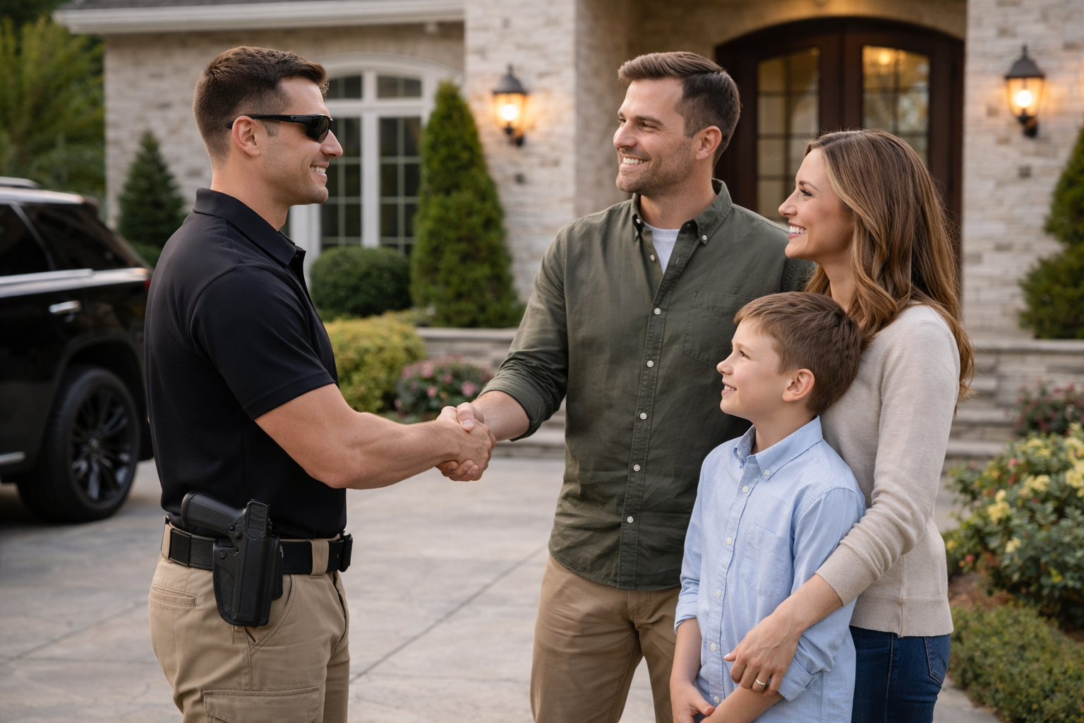A family shaking hands with a police officer outside a house, with a woman and a young boy smiling.