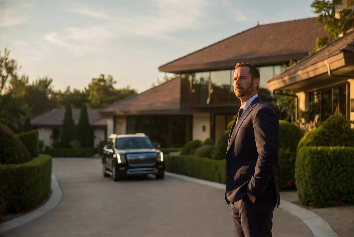 Man in a suit standing on a driveway in front of a modern house and luxury SUV during sunset.