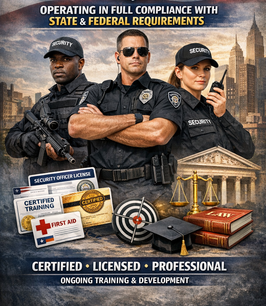 Three security officers standing in front of a cityscape, with law-related symbols and certifications in the foreground, emphasizing compliance, training, and professionalism.