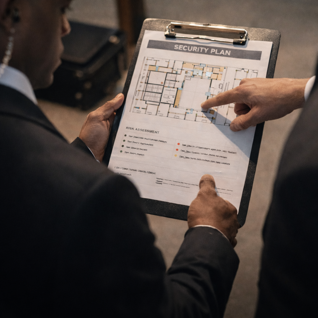 Two people in formal suits examining a security plan and risk assessment on a clipboard, with one pointing at the floor plan diagram.