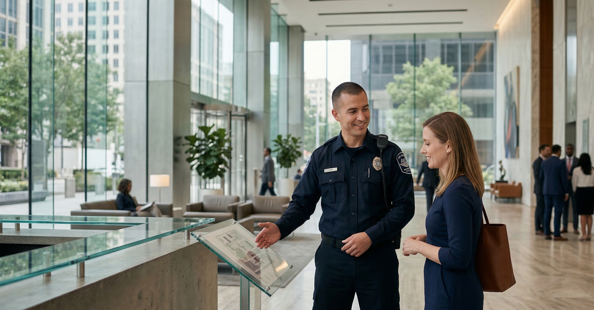 A police officer and a woman talking at a reception desk inside a modern office building lobby with large glass windows and other people in the background.