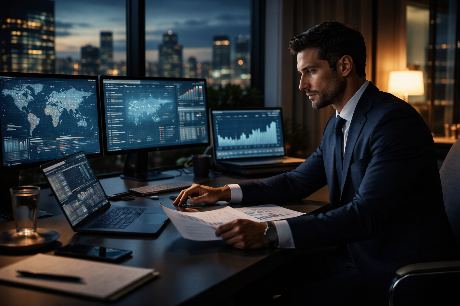 Businessman in a dark suit working at a desk with multiple monitors displaying world maps and data charts, in a city office during evening.