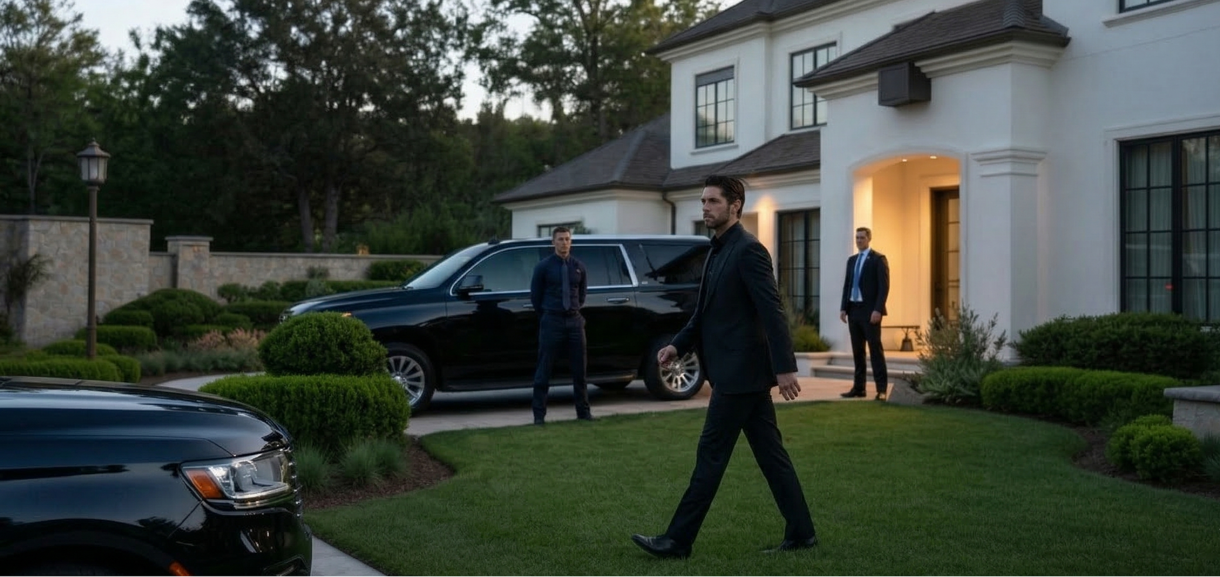 Three men in formal attire outside a large white house with a well-manicured lawn and black vehicles, one walking across the lawn and two standing near the house entrance.