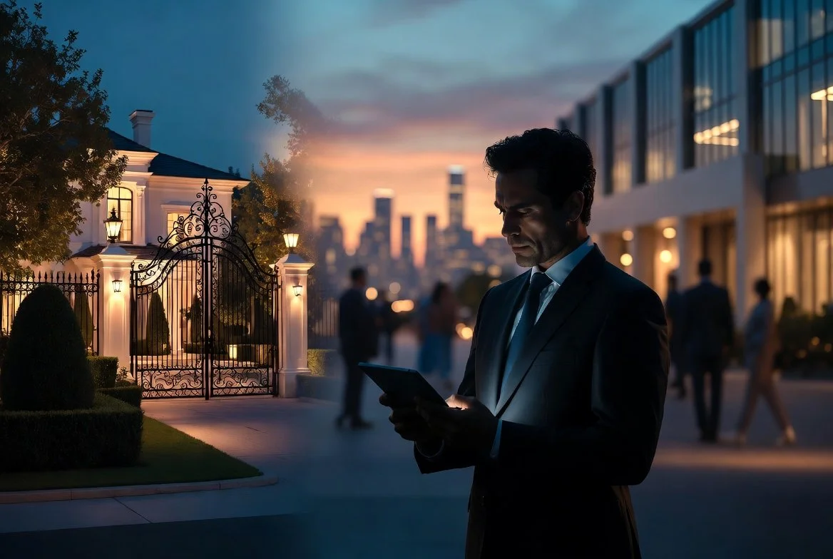 A man in a suit standing outdoors at dusk, looking at his phone, with a city skyline and modern building in the background.