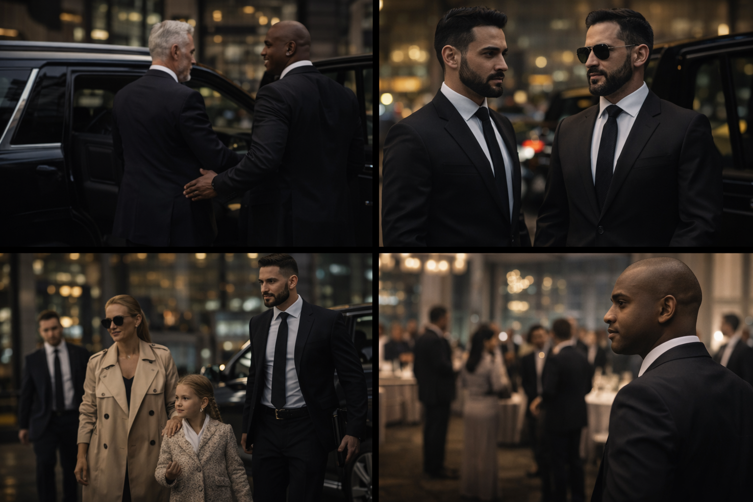 Business professionals arriving at an evening event, some shaking hands, others chatting, dressed in formal suits, and a woman with a child in a trench coat, all in an urban setting with city lights in the background.