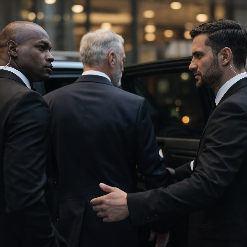 Three men in black suits standing next to a black vehicle outside a building at night, engaging in a conversation.
