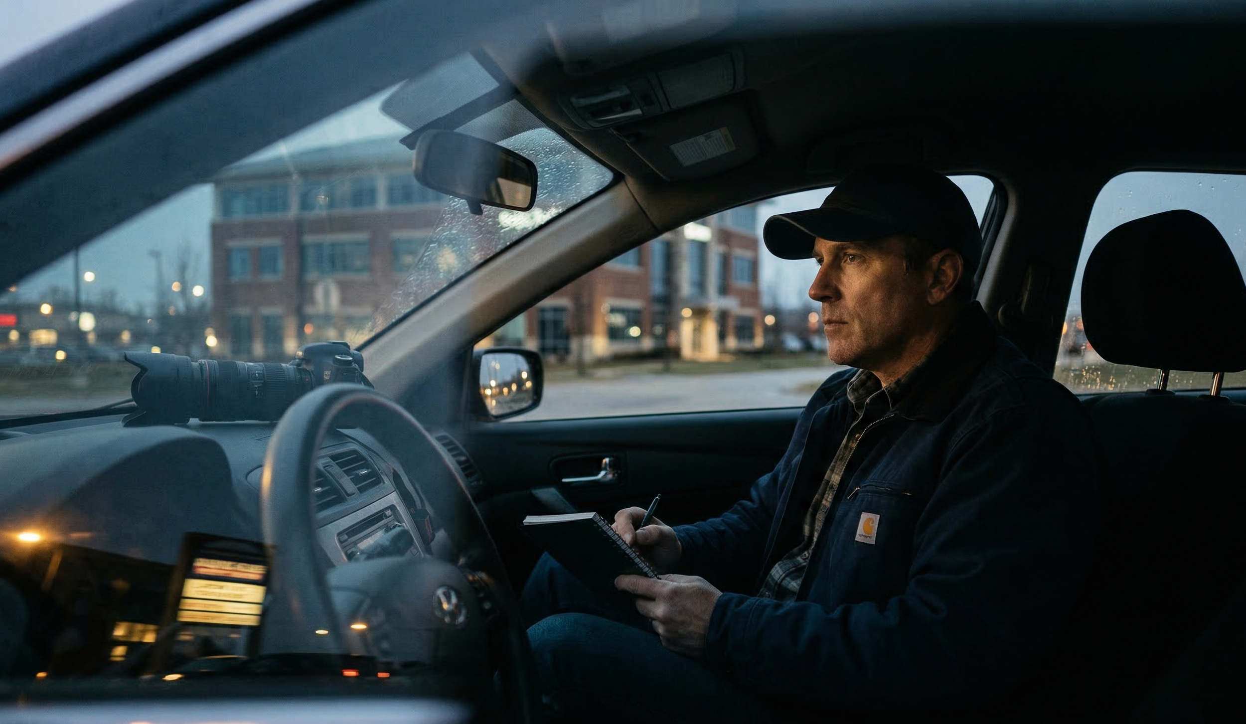 A man sitting in the driver's seat of a vehicle, taking notes in a notepad while parked outside a modern building during dusk.