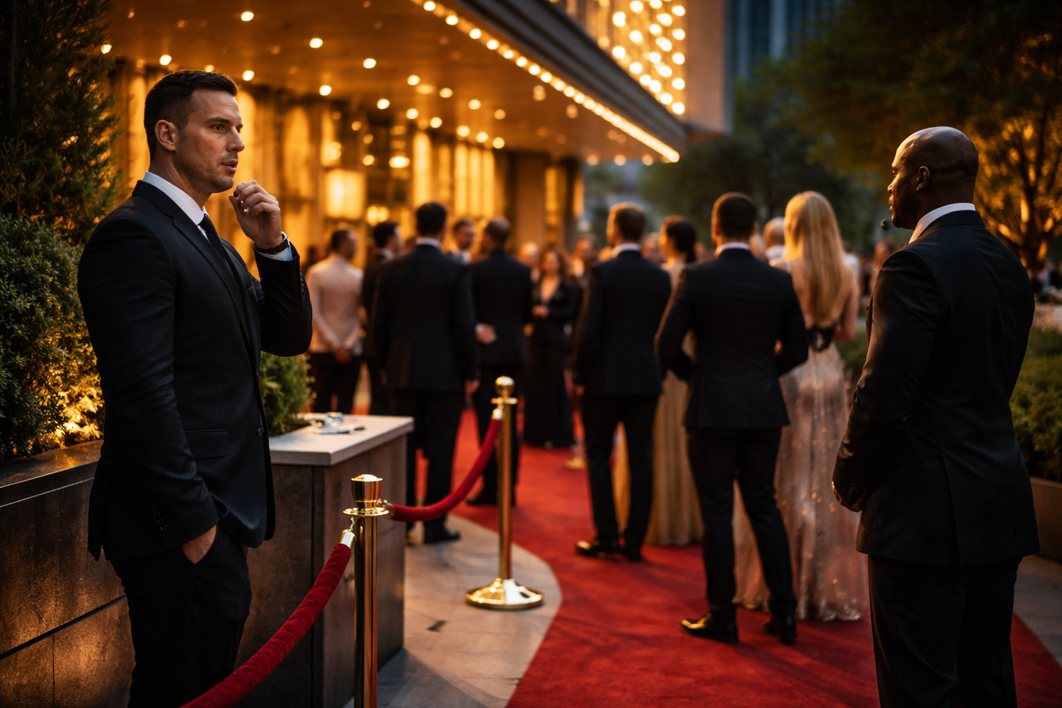 Men and women in formal attire at a red carpet event outside a building with bright lights at dusk.