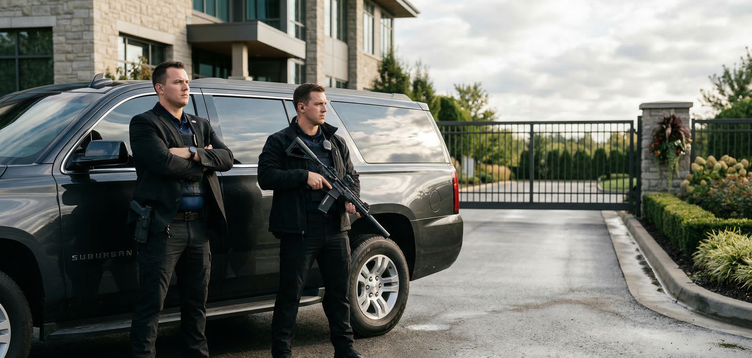 Two security officers standing in front of a black SUV at a gated residential community, one with arms crossed and the other holding a rifle.