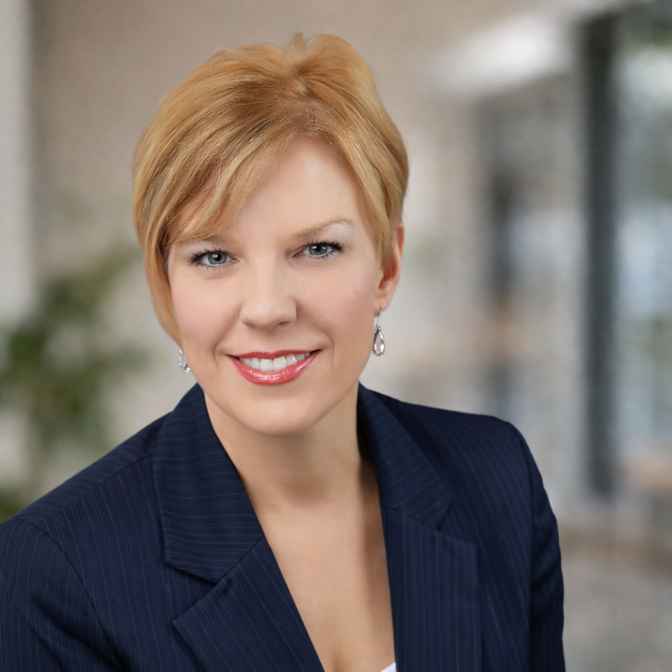 A woman with short blonde hair wearing a dark navy blazer, earrings, and red lipstick, smiling at the camera with a blurred office background.