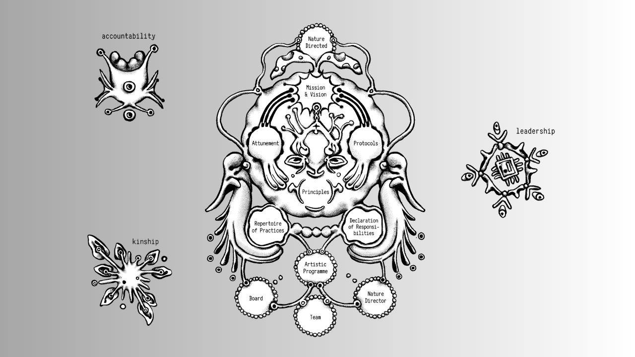 A detailed diagram resembling an insect with labeled sections related to organizational values, including responsibilites, principles, protocols, and programs. Around it are three smaller star-like diagrams labeled 'accountability', 'leadership', and 'kinship'.