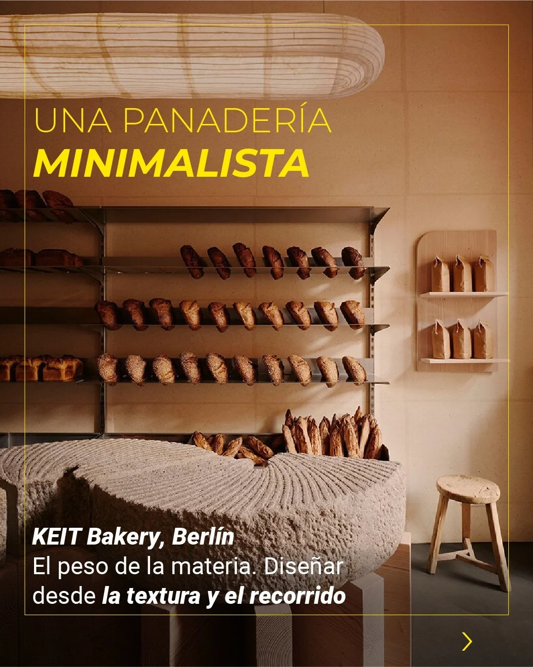 El mostrador de esta panader&iacute;a en Berl&iacute;n es un molino de trigo. No hay met&aacute;fora: el origen del pan est&aacute; en el coraz&oacute;n del espacio.

Piedra, acero y madera. Cada material en su lugar, sin ocultar las uniones. El disp