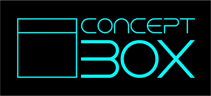 Logo con la frase 'Concept Box' en letras azules sobre fondo negro, con un cuadro a la izquierda y un diseño moderno.