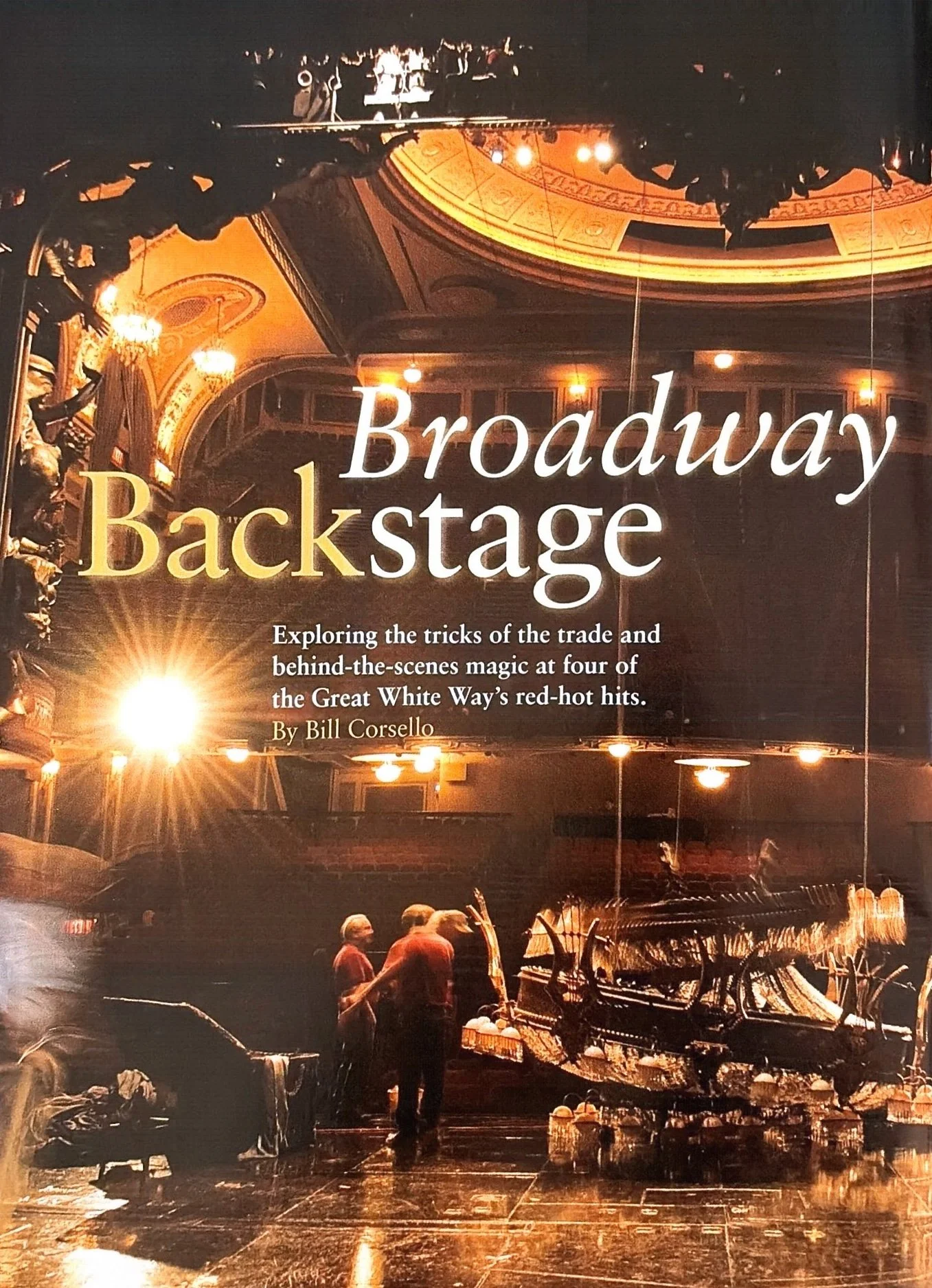 Book cover titled 'Broadway Backstage' with a theater scene background, showing stage crew members and theatrical scenery.
