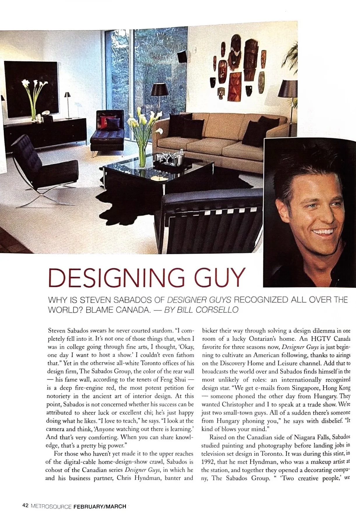 Magazine page featuring an interior design of a contemporary living room with a beige sofa, black accent chairs, a black coffee table with a flower vase, and modern wall art. Includes a small inset photo of a smiling man.