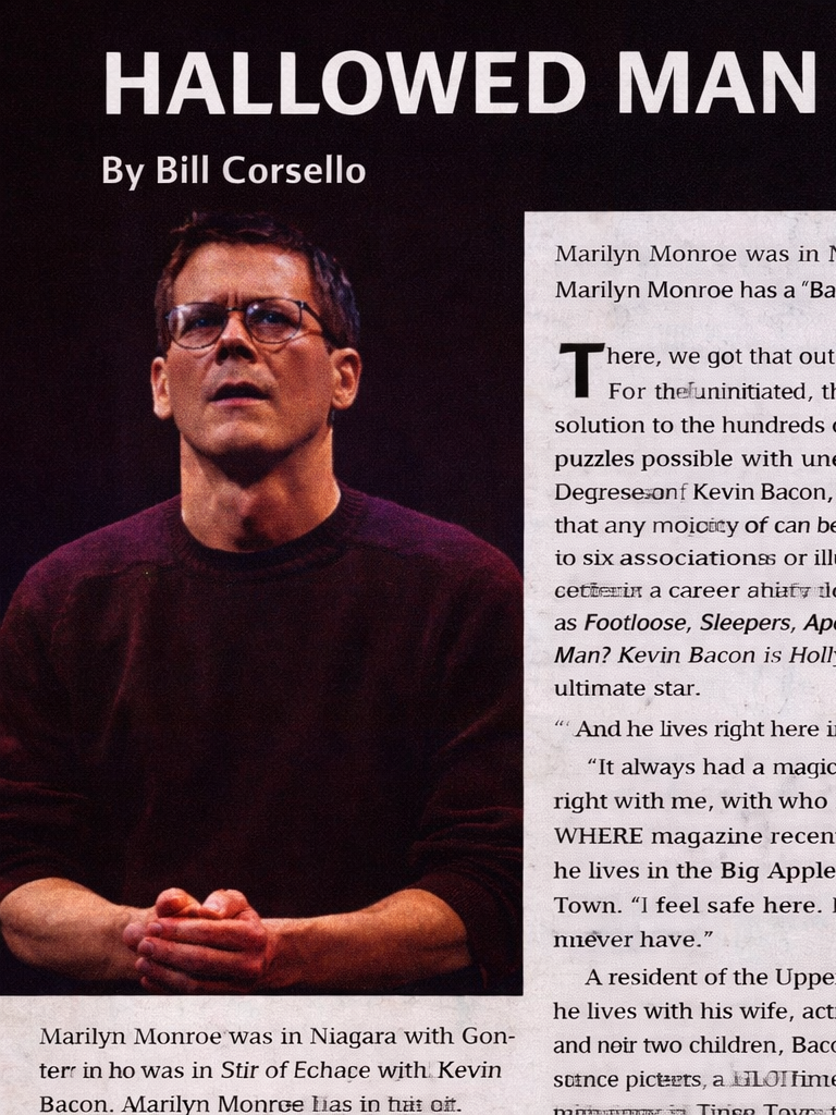 Poster of the movie 'Hallowed Man' featuring Bill Corsello with a serious expression, wearing glasses and a maroon sweater, with a partial article visible to the right.