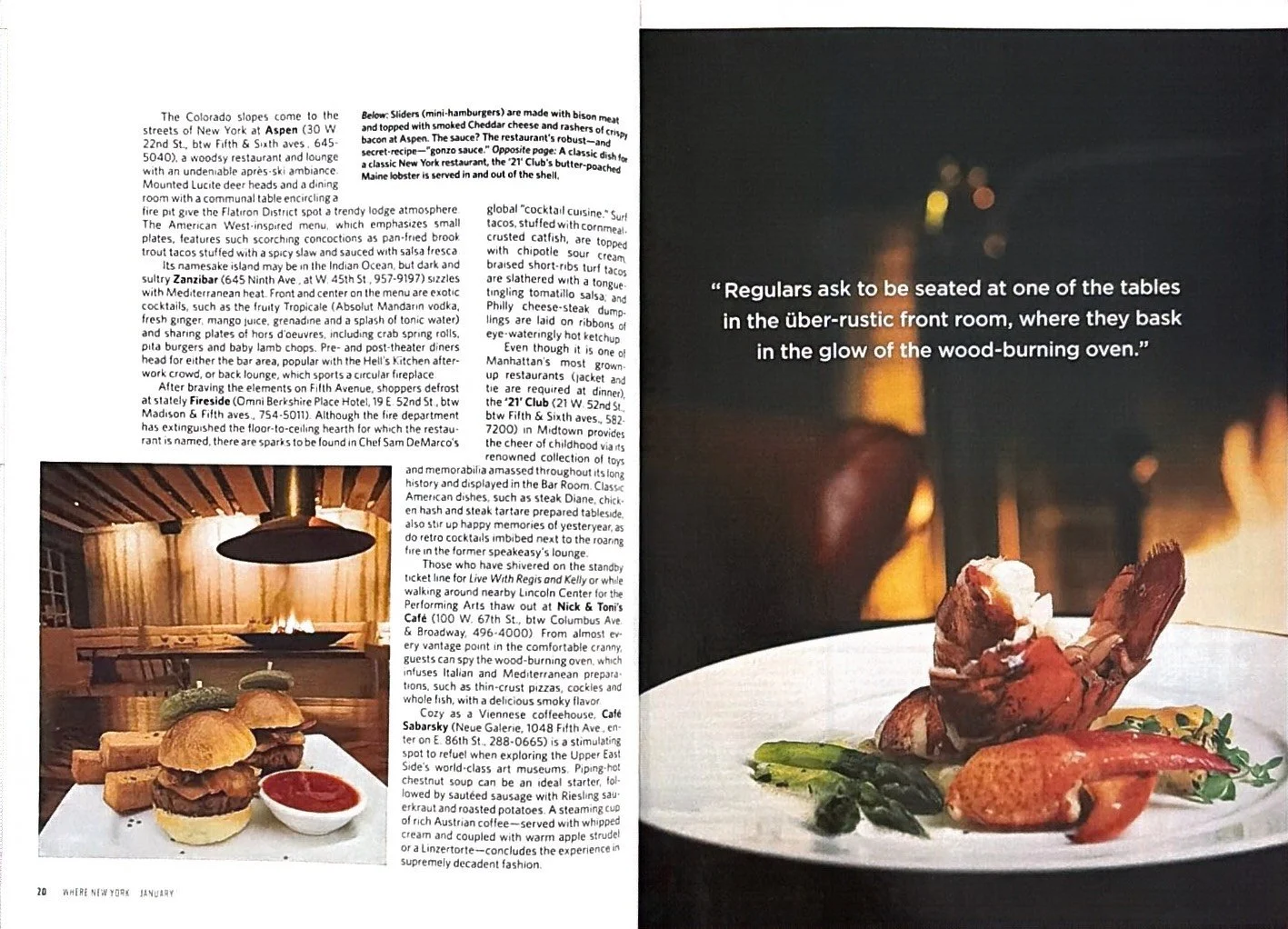 Magazine spread featuring a close-up of a fine dining dish with lobster, greens, and sauce on a white plate on the right side. The left side contains a column of text about restaurants and a small photo of a burger with fries and ketchup.