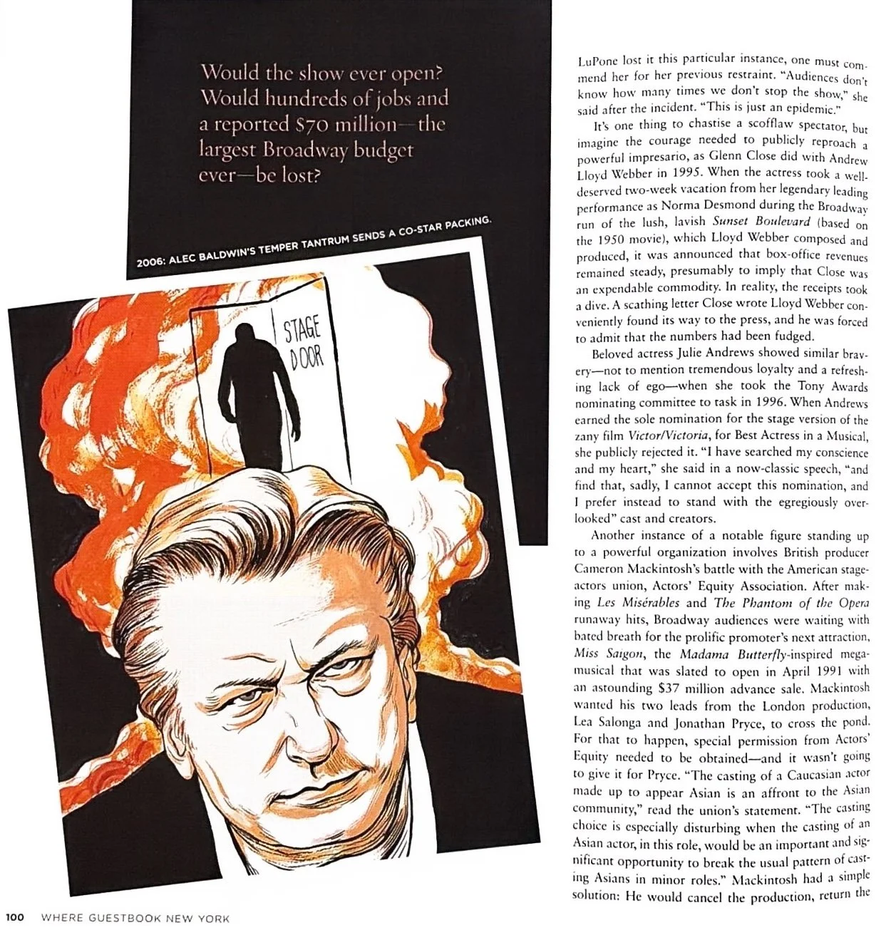 Illustration of a man with a serious expression in front of a fiery background, with a silhouette of a person entering a stage door.