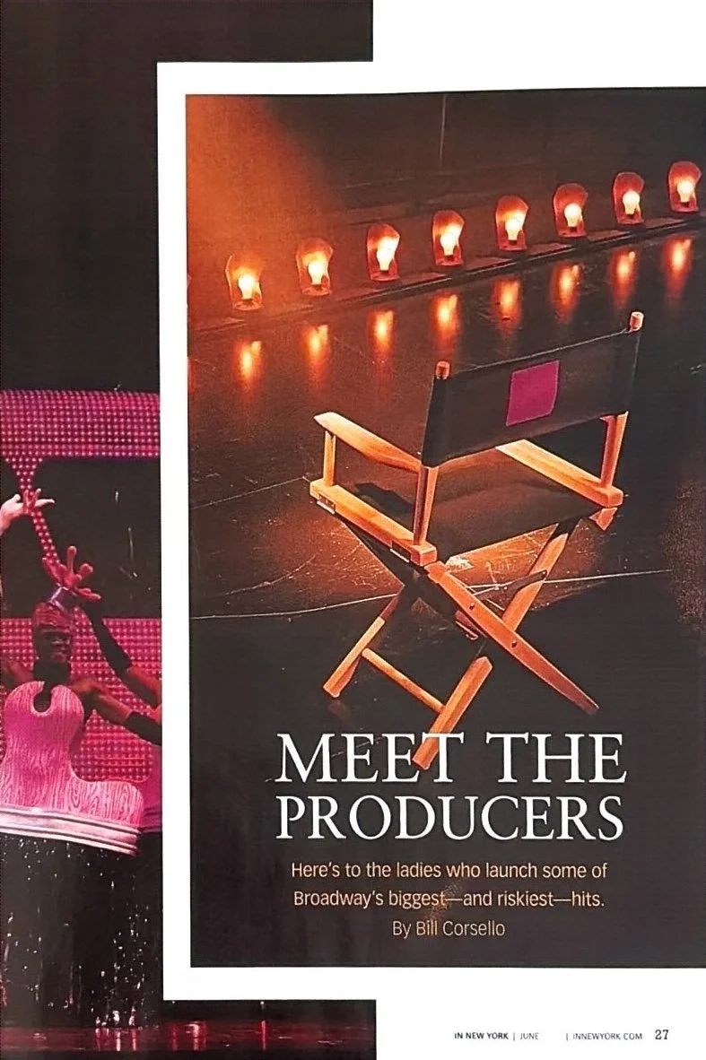 Magazine page featuring a director's chair and eight stage lights with a reflection on the floor, with the headline "Meet the Producers" and a subtitle about ladies launching Broadway hits.