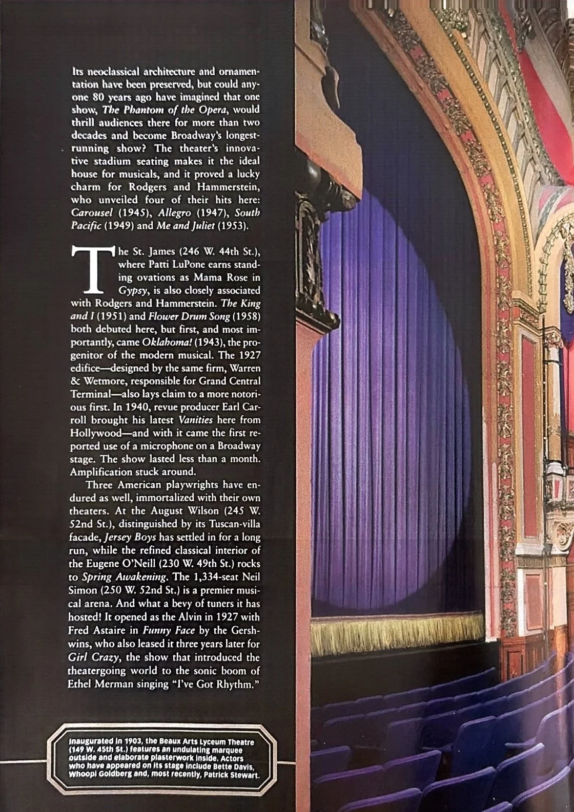 Inside view of a historic theater with ornate decor, a blue velvet curtain closed over the stage, and multiple rows of empty blue seats.