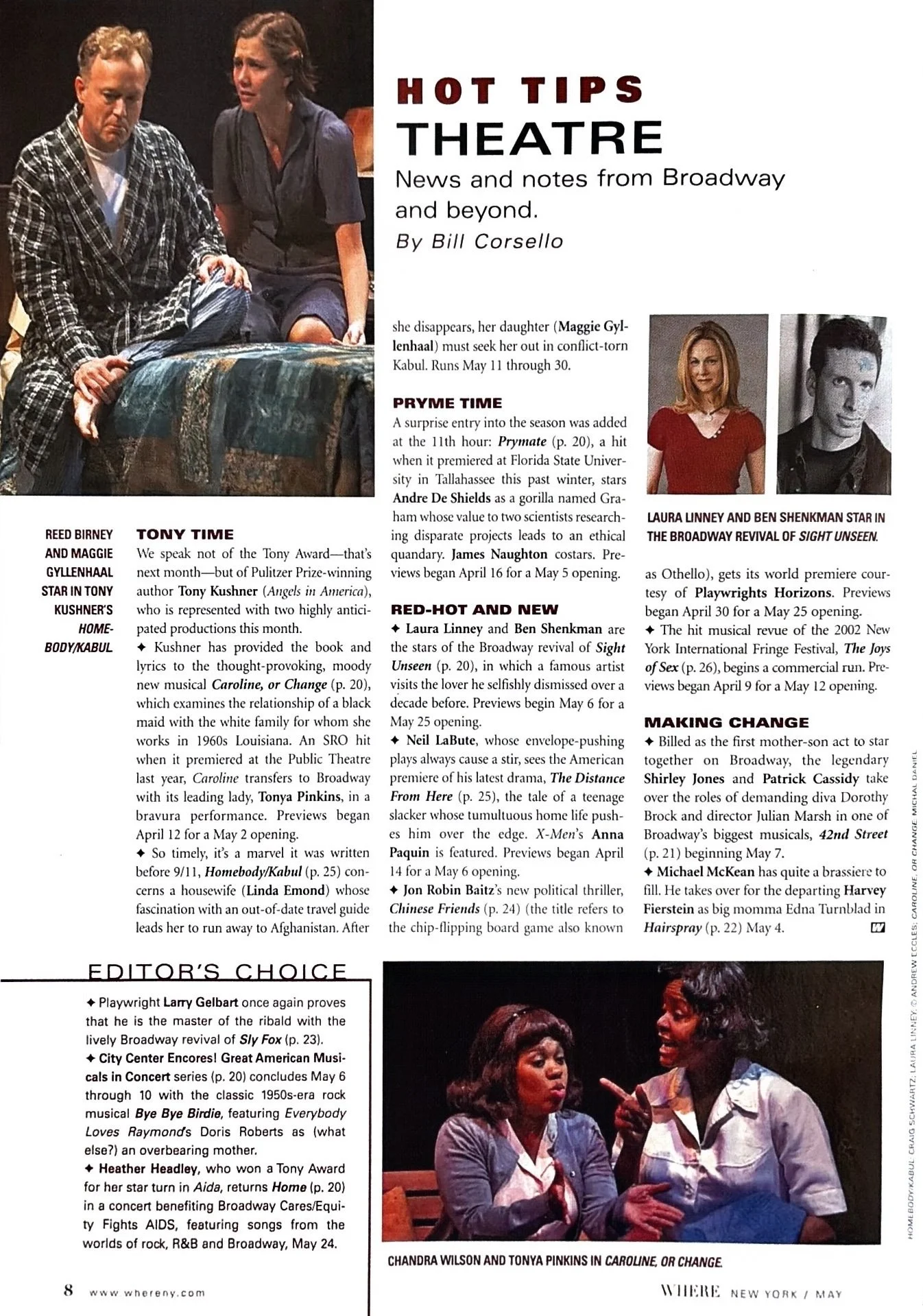 Page from a theater magazine featuring news and notes about Broadway, including images of actors Laura Linney, Ben Shenkman, and Toniya Pinkins. The page discusses upcoming plays, previews, and reviews.