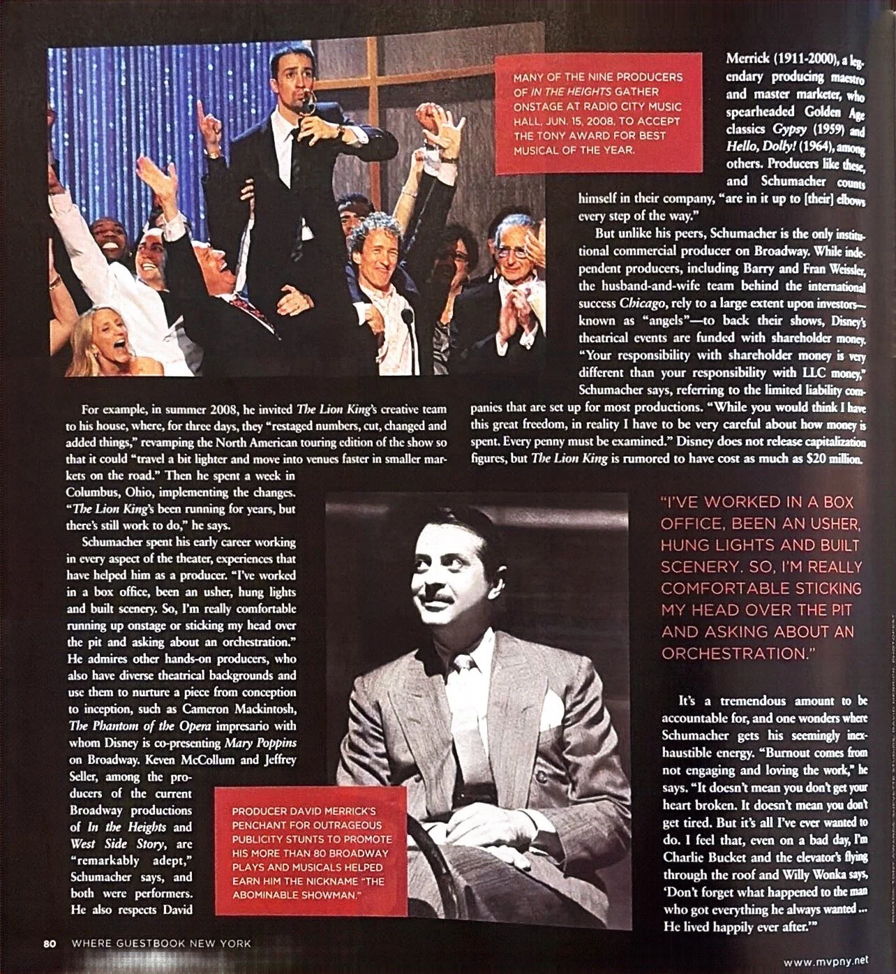 Photograph of producer David Merrick surrounded by a group of performers and a singer, during a celebration event at Radio City Music Hall in 2008, with a quote from him about working in a box office and the theater industry.