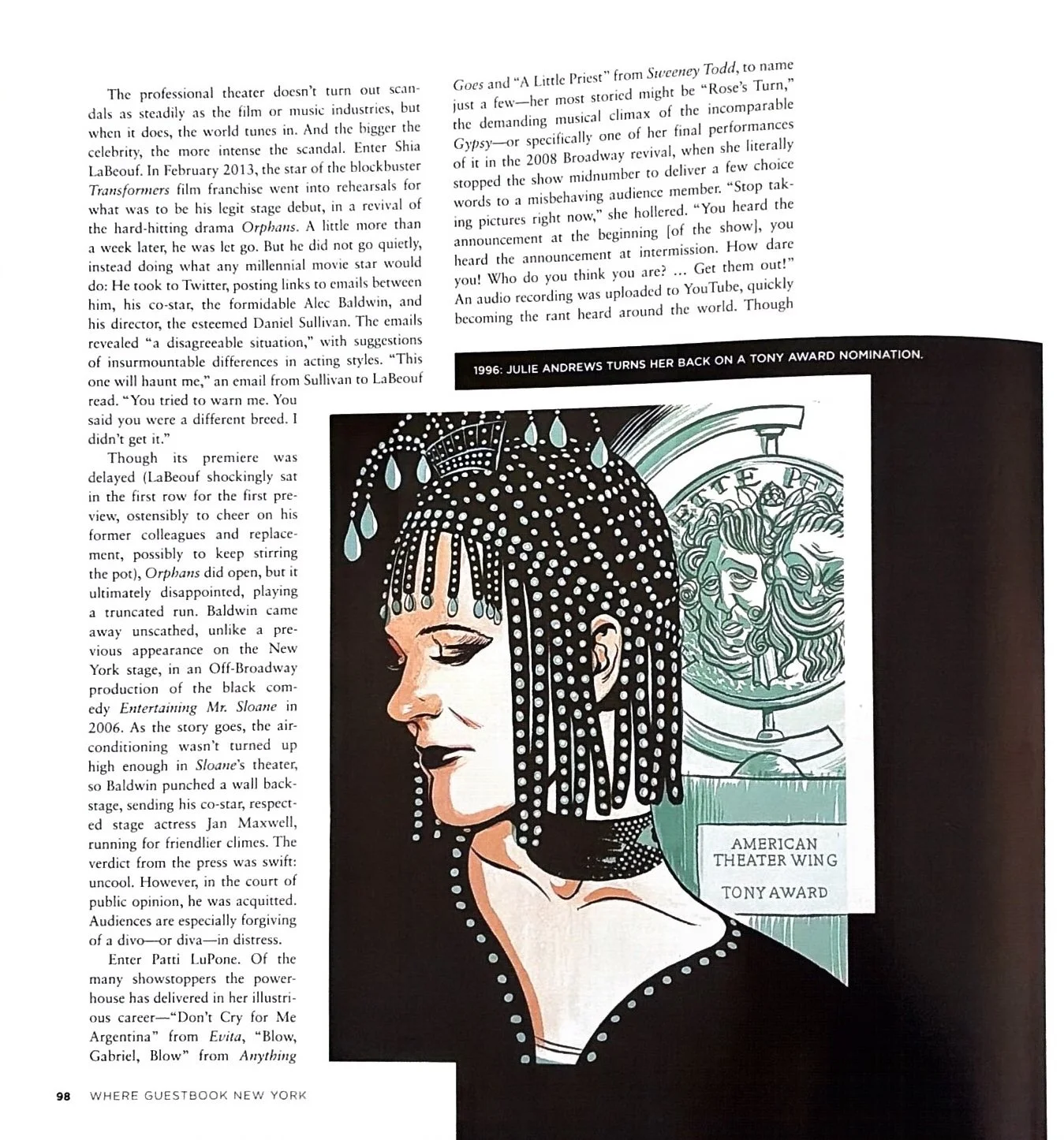 Black and white illustration of Julie Andrews with bead-like decorations in her hair, alongside a depiction of the Tony Award logo and a sign that reads "American Theater Wing Tony Award."