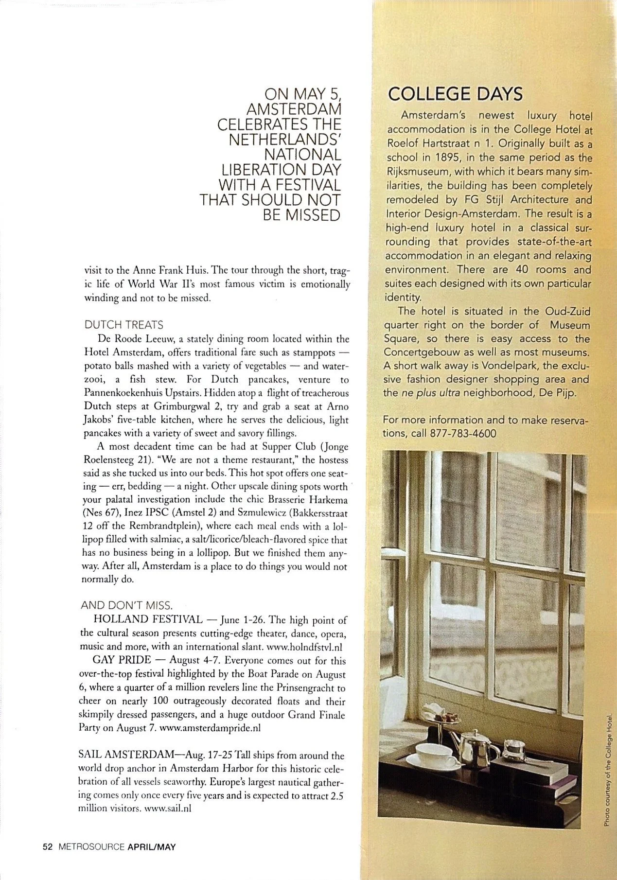 Page from magazine with text about events in Amsterdam and a photograph of a windowsill with dishes and cups, with a window showing an outside building.