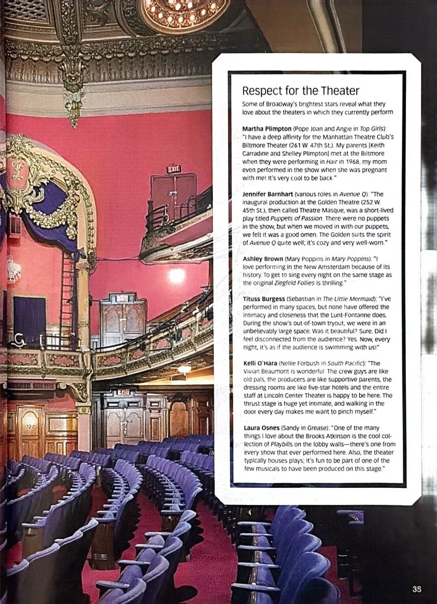 The interior of a theater with ornate decorations, velvet seats, and a pink wall. There is a sign titled 'Respect for the Theater' with information about Broadway stars and their experiences.