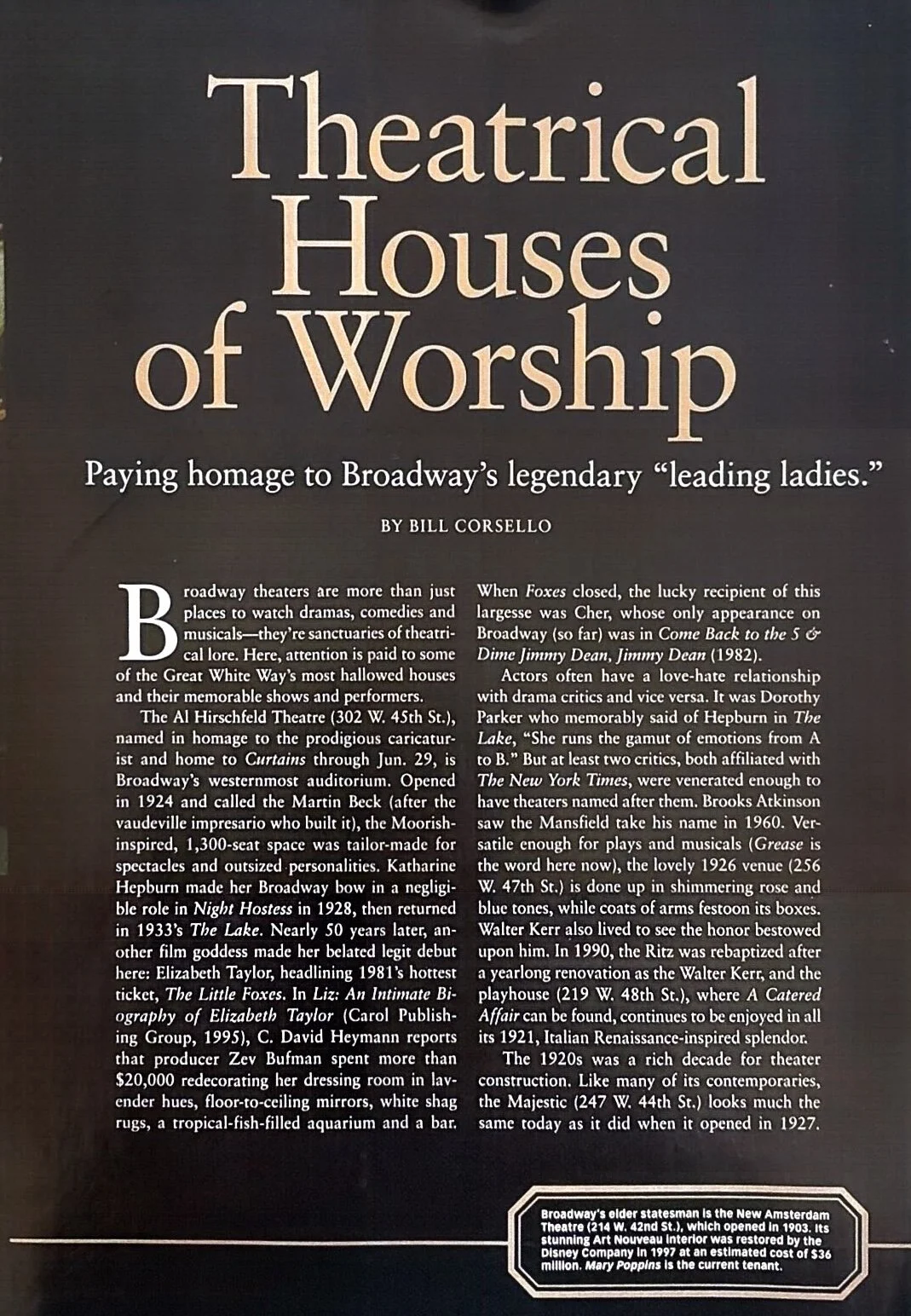 Page from a magazine or book about the history of Broadway's theaters named for famous women, with text describing various theaters, their history, and notable figures.