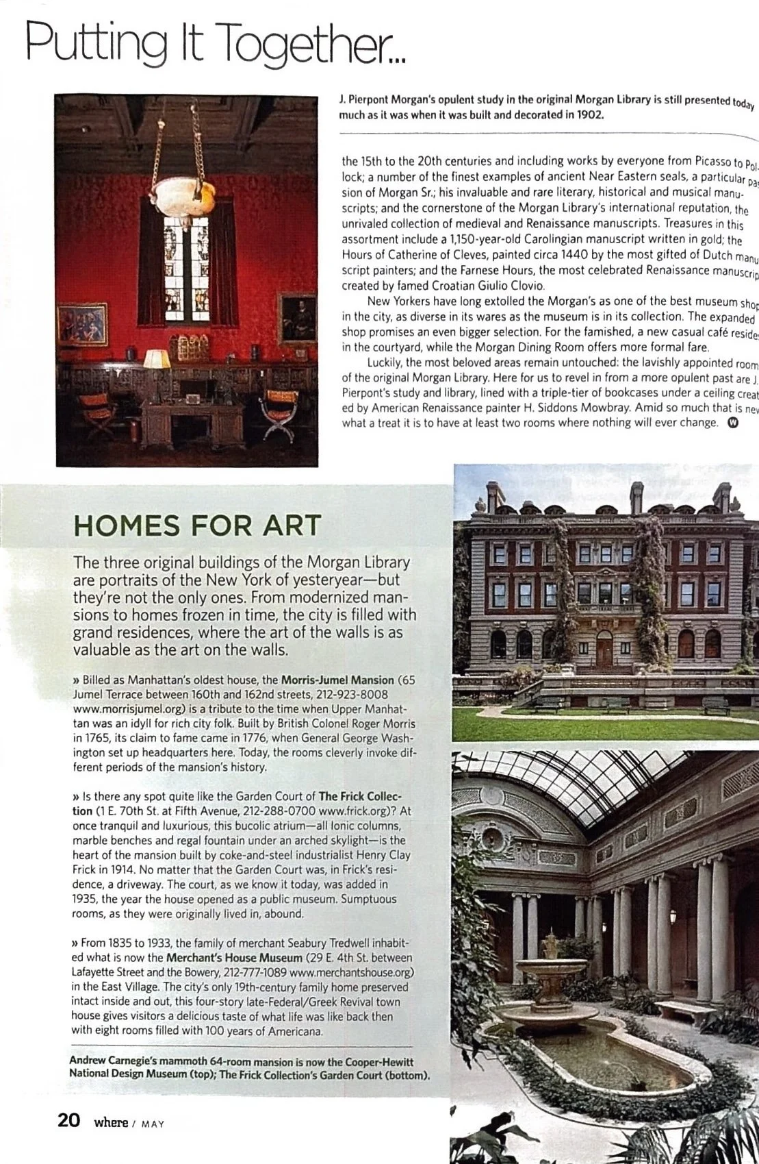Page from magazine featuring the history and architecture of the Morgan Library and other historic buildings in New York City, with photos of the library's interior and exteriors.