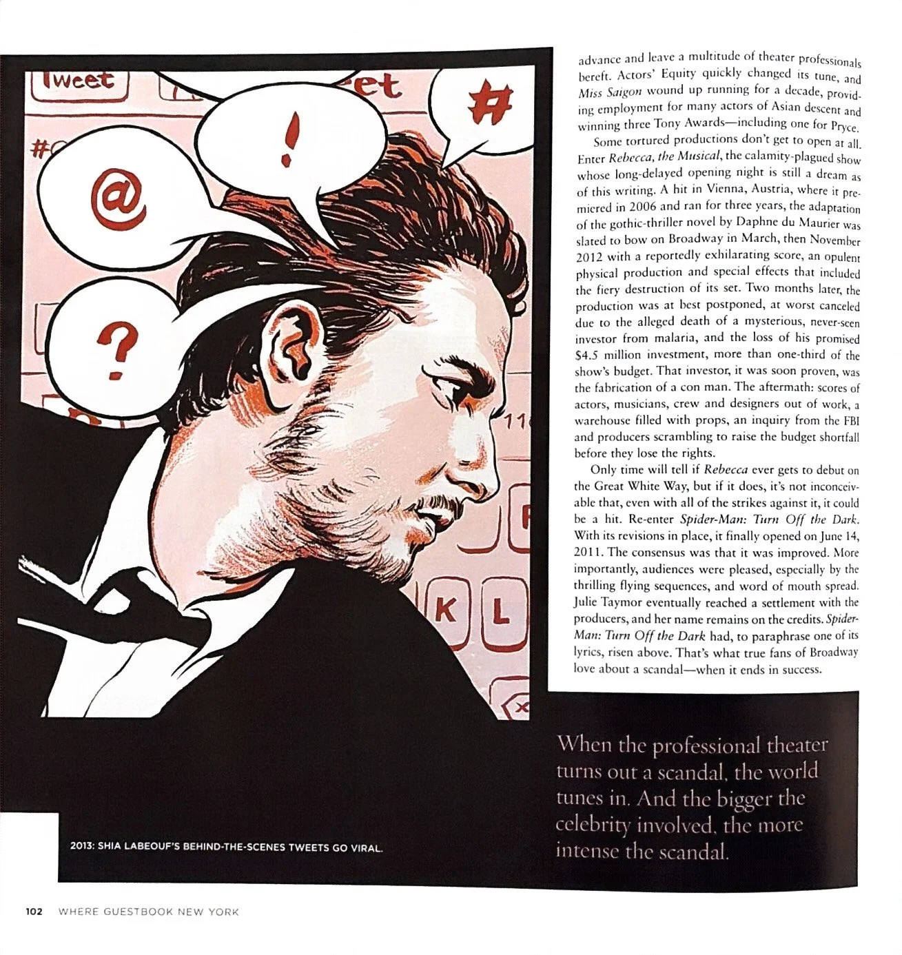 Illustration of a man's profile with speech bubbles containing symbols like @, #, !, and a question mark, overlaid on a page of printed text.