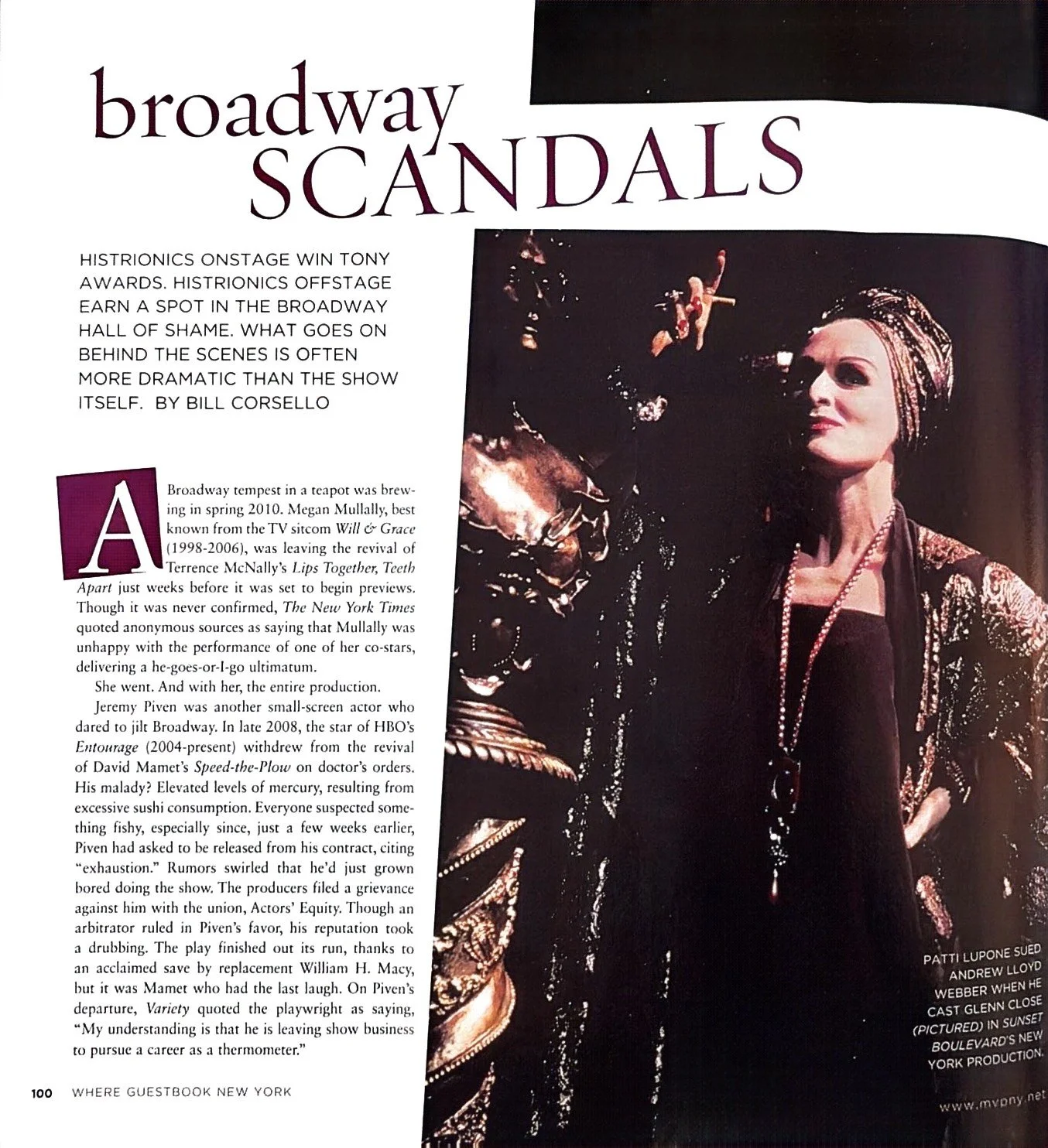 Magazine page titled "Broadway Scandals" featuring a photograph of Patti Lupone Sue, Andrew Lloyd Webber, and Glenn Close in Sunset Boulevard. The page contains text about Broadway controversy and production details.