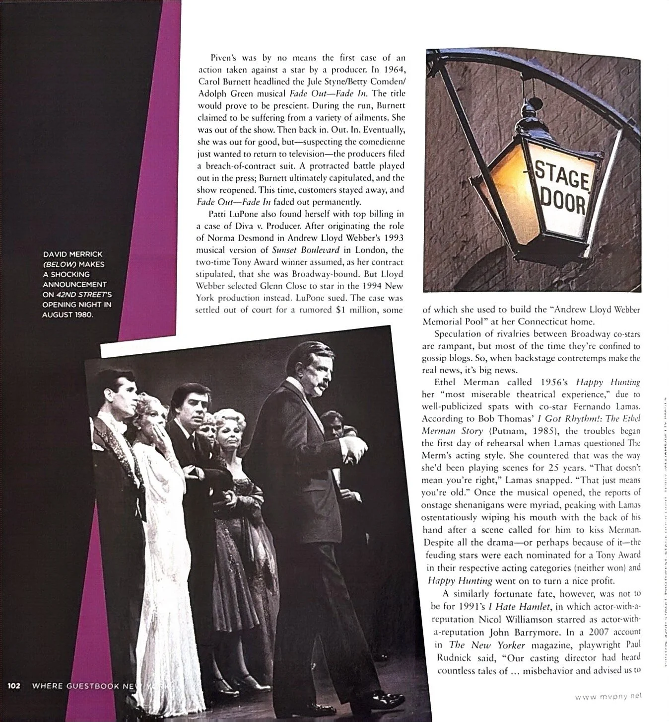 A page from a magazine featuring an article with a black and white photo of actors and a scene from a theatrical production, and a photo of a stage door lantern.