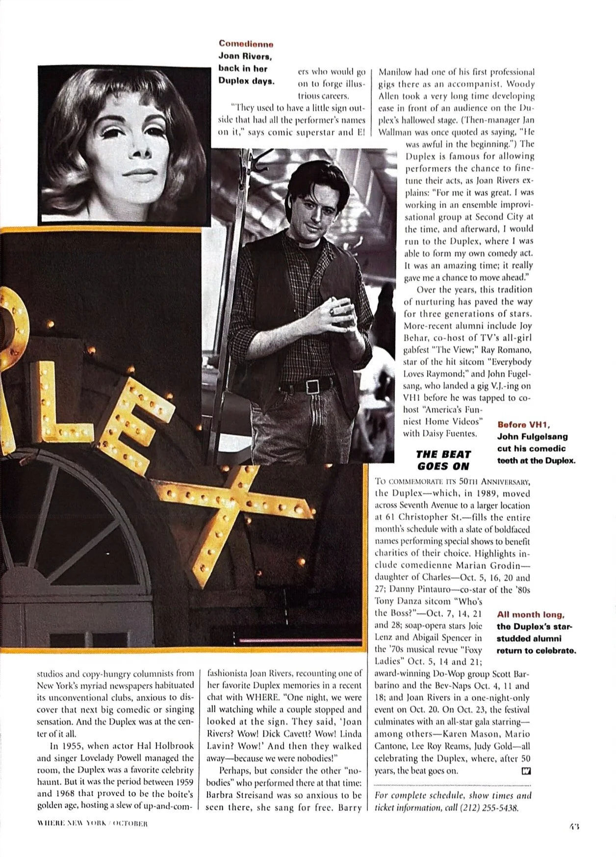 A newspaper page featuring a black-and-white photo of Joan Rivers and a man, with a colorful Damk theater marquee sign that spells out 'LOVE' with lights.