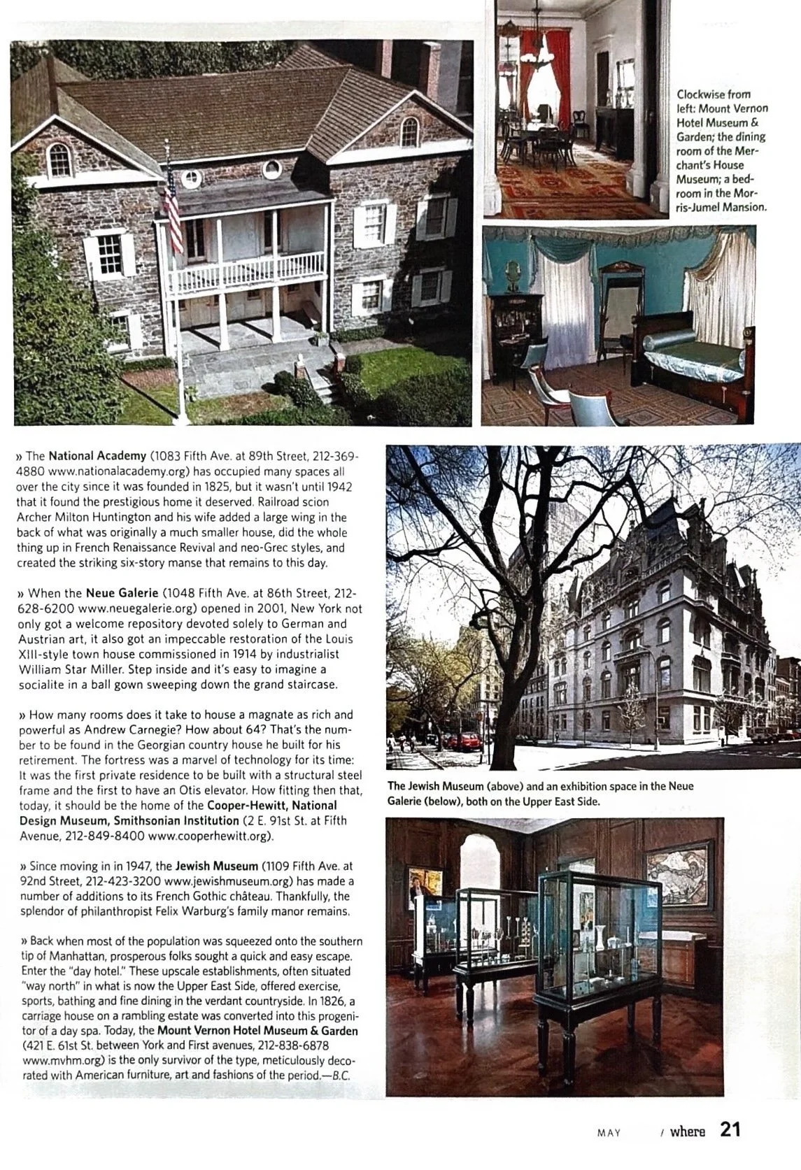 Collage of historic buildings, interiors, and a street scene in New York City, including the Jewish Museum, Neue Galerie, and Mount Vernon Hotel Museum & Garden.