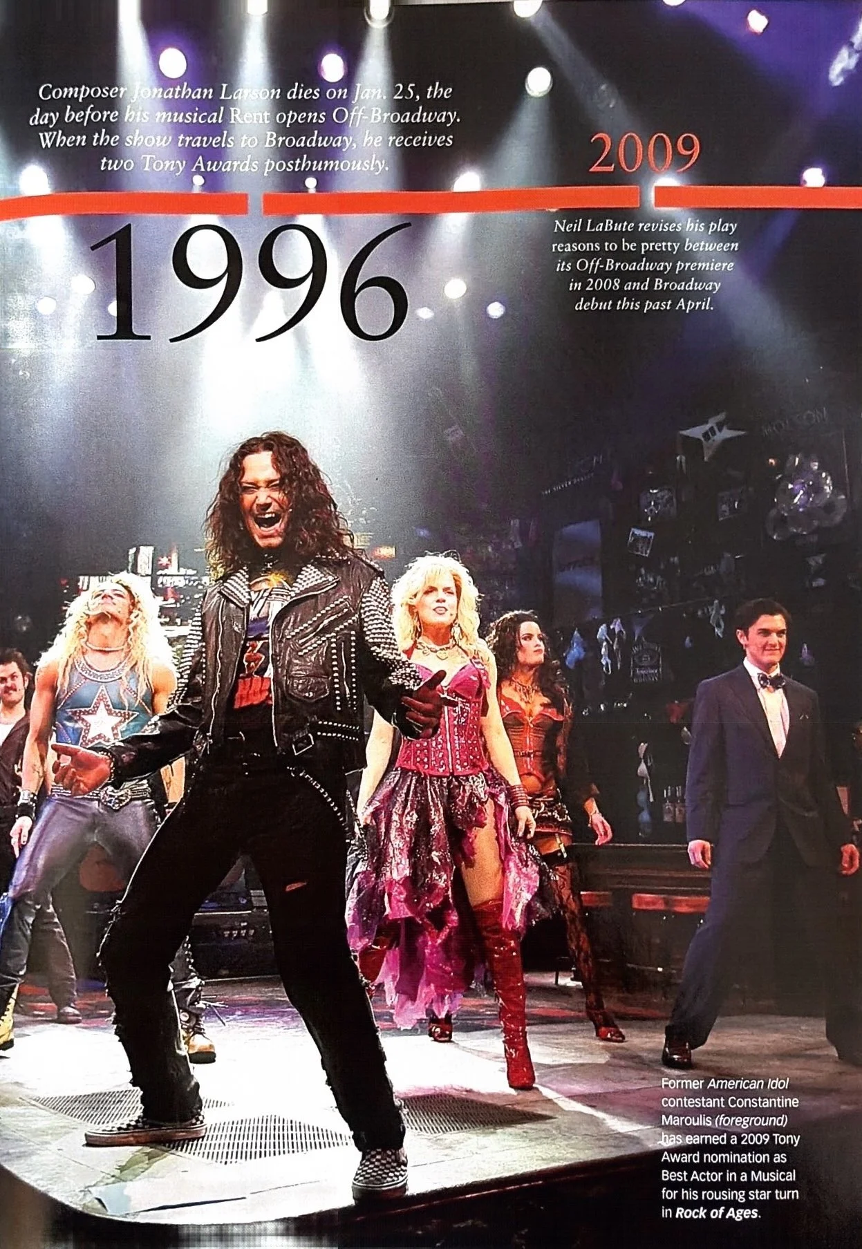 Photograph of performers on stage from the musical Rock of Ages, with one person in a leather jacket and others in colorful costumes. The background shows stage lighting and decorations, including a grand piano. The image features a timeline from 1996 to 2009 and text mentioning the death of composer Jonathan Larson and references to Neil LaBute and Constantine Maroulis.
