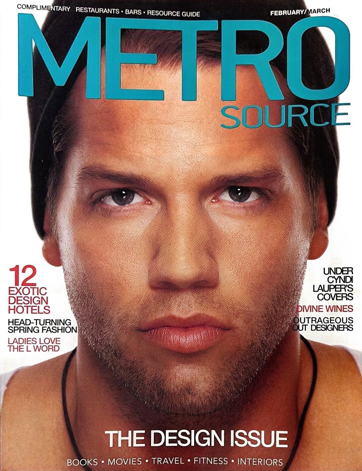 Close-up of a man's face with short brown hair, blue eyes, and slight stubble, on the cover of Metro Source magazine.