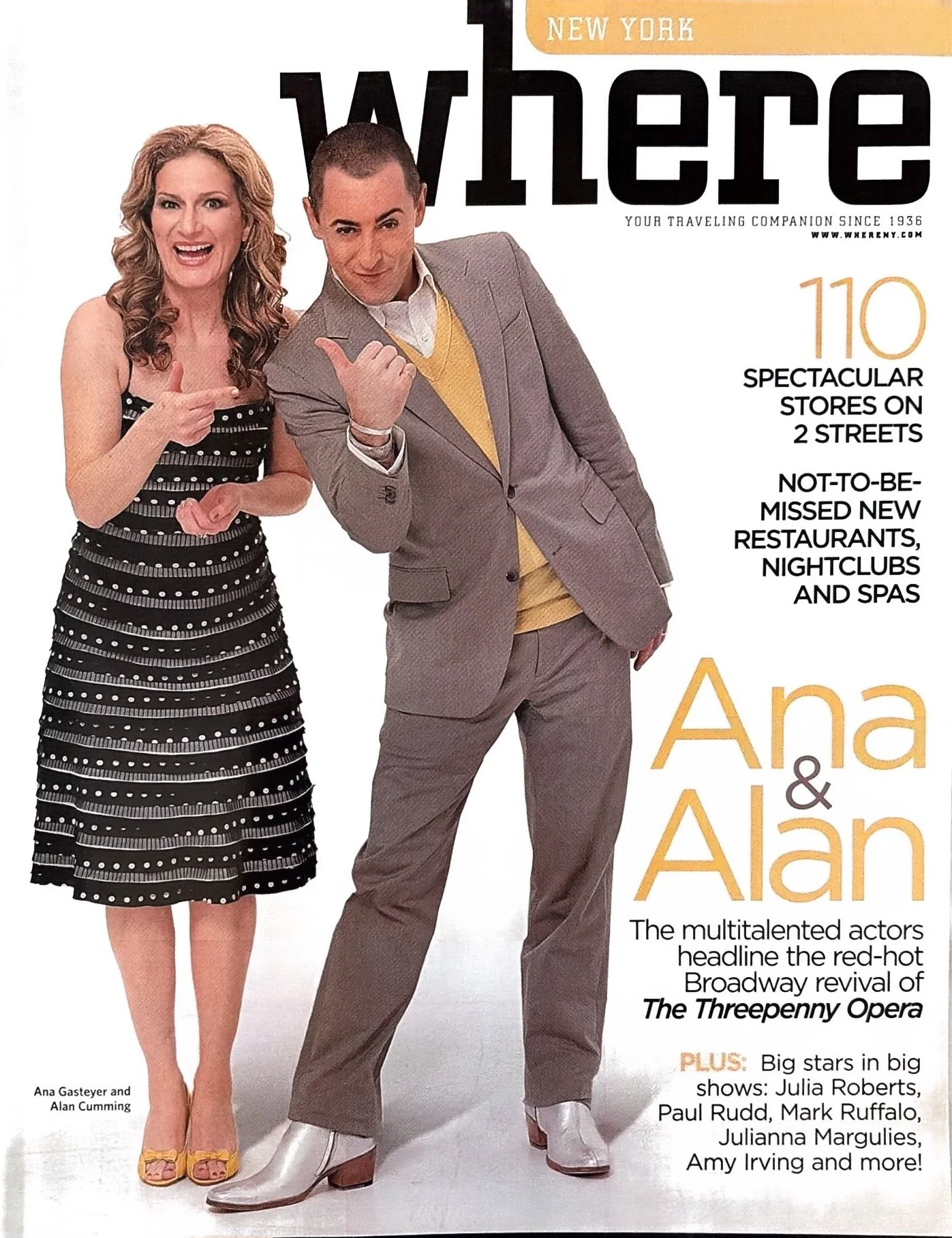 Cover of a magazine featuring Ana Gasteyer and Alan Cumming, with Ana wearing a black and white polka dot dress and Alan wearing a gray suit and yellow sweater vest. The magazine is titled "where" and highlights reviews of New York City's stores, restaurants, nightclubs, and spas, and mentions the Broadway revival of The Threepenny Opera.