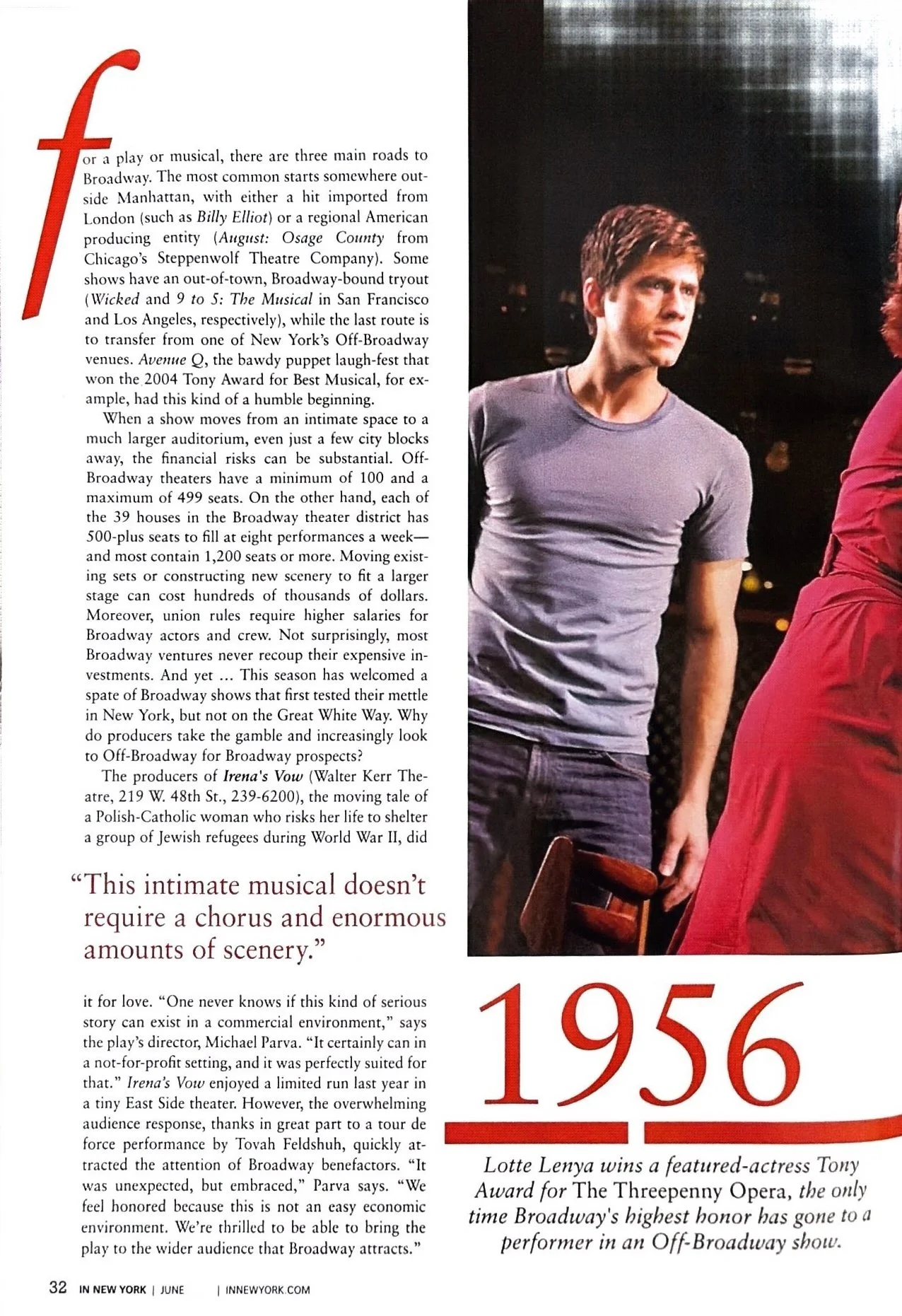 Page from a magazine or newspaper with text about Broadway shows, featuring a color photograph of a young man with brown hair wearing a gray t-shirt, and a red dress or coat of another person. The page highlights the year 1956 and mentions actress Lotte Lenya winning a Tony Award for 'The Threepenny Opera'.