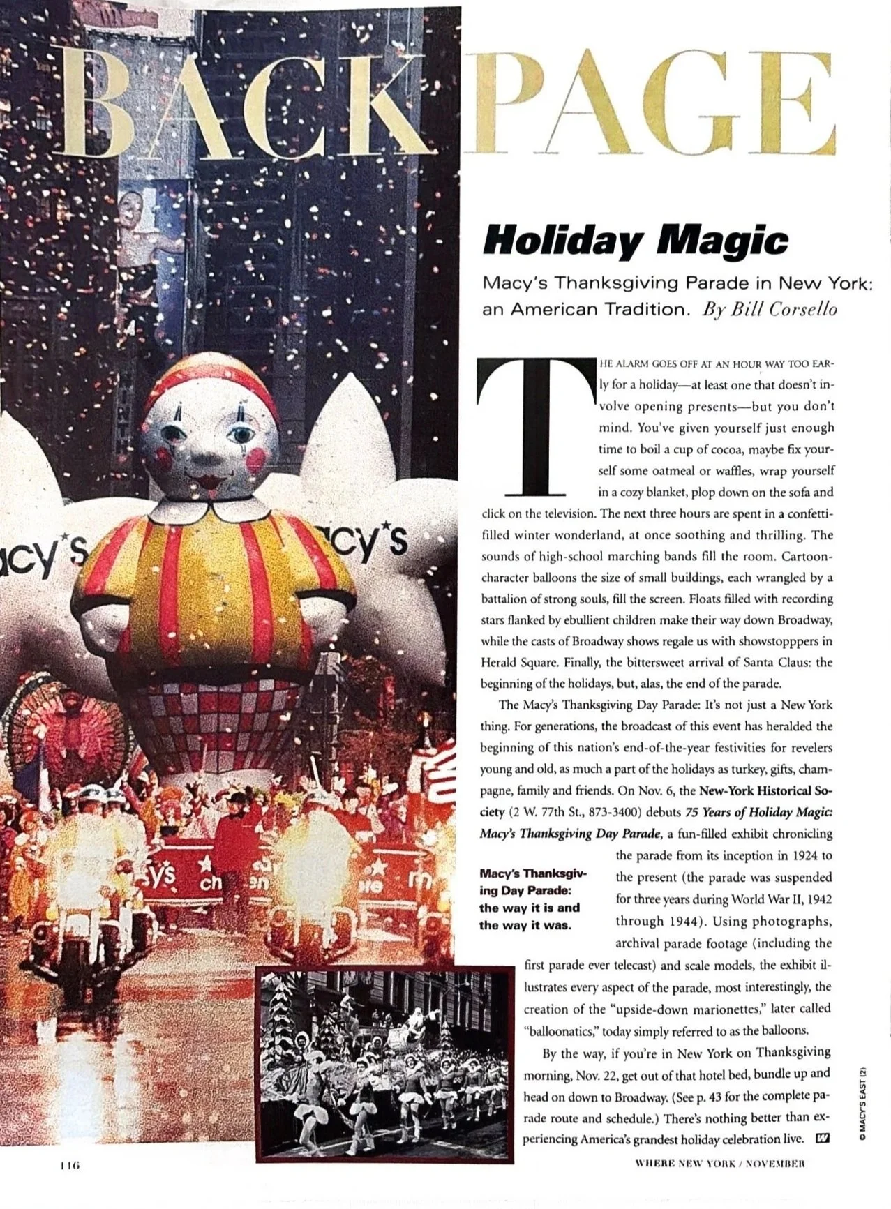 A Macy's Thanksgiving Parade float featuring a clown figure with a smiling mask, red cheeks, and a yellow and red striped outfit. The float is surrounded by confetti and parade participants, with a smaller black and white photo of the parade at the bottom.