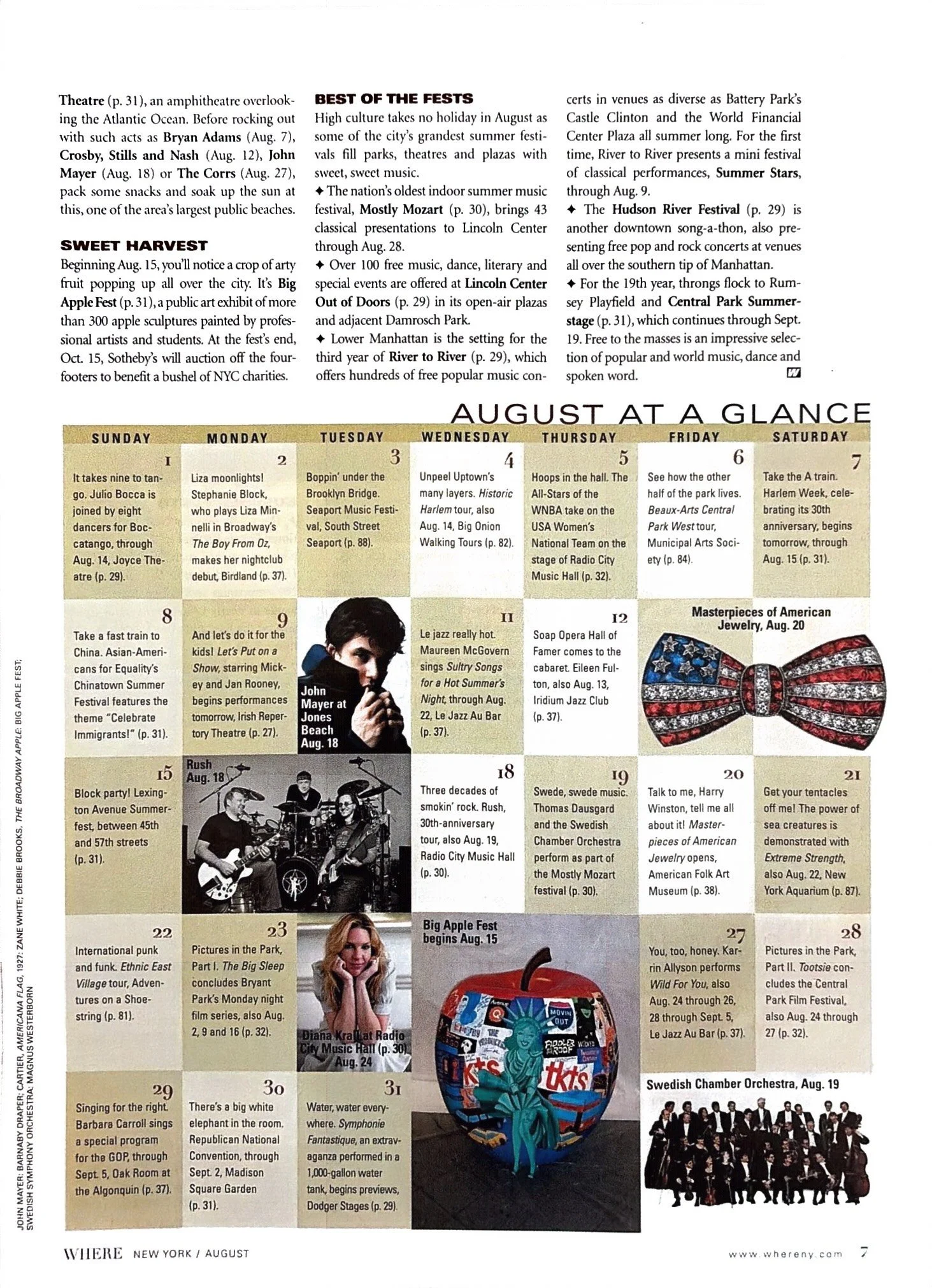 Calendar page for August with events, a picture of John Mayer, a decorated apple, and a photo of the Swedish Chamber Orchestra.